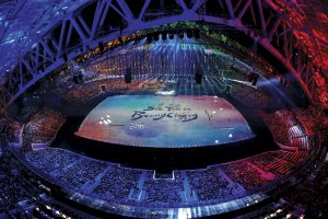 SOCHI, RUSSIA - FEBRUARY 23:  A general view as "See You In PyeongChang" is projected during the 2014 Sochi Winter Olympics Closing Ceremony at Fisht Olympic Stadium on February 23, 2014 in Sochi, Russia.  (Photo by Matthew Stockman/Getty Images)